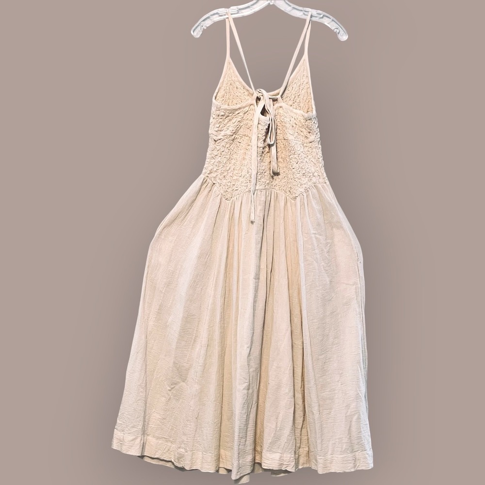Free People Endless Summer Ivory 100% Cotton Smocked Midi Dress Large Pockets - Picture 14 of 14